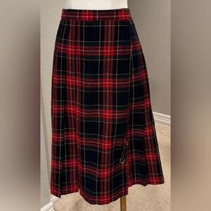 Vintage Red Tartan Plaid Wool Wrap Kilt Pleated Skirt with Large Safety Pin